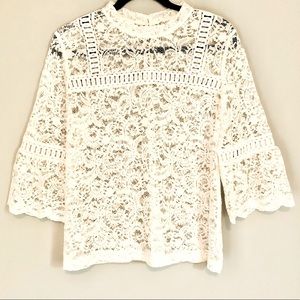 Loft Sheer Lace Bell Sleeve Mock Neck Blouse
